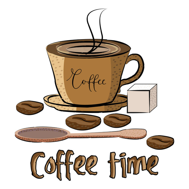 Coffee in a brown glass, a spoon and sugar, time for coffee - Вектор,изображение