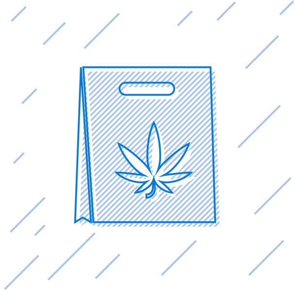 Línea azul Bolsa de papel de compras de marihuana medicinal o icono de hoja de cannabis aislado sobre fondo blanco. Comprar cannabis. Un símbolo de cáñamo. Ilustración vectorial
 - Vector, imagen