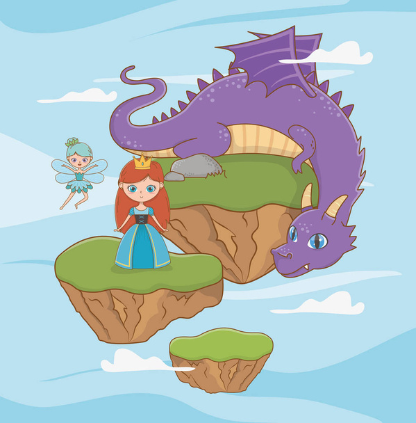 Medieval princess and dragon of fairytale design - Vector, afbeelding