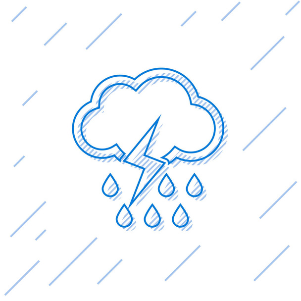 blaue Linie Wolke mit Regen und Blitz-Symbol isoliert auf weißem Hintergrund. Regenwolken Niederschlag mit Regentropfen. Wettersymbol des Sturms. Vektorillustration - Vektor, Bild