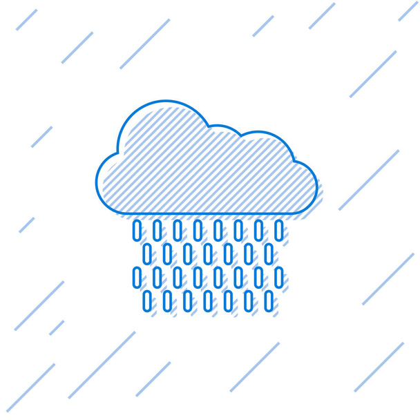 Niebieska linia Chmura z ikoną deszczu na białym tle. Deszczowe opady deszczu z kroplami deszczu. Ilustracja wektora - Wektor, obraz