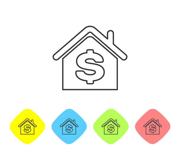 Grijze lijn huis met dollar symbool pictogram geïsoleerd op witte achtergrond. Thuis en geld. Vastgoed concept. Pictogrammen instellen in de kleuren Rhombus-knoppen. Vector illustratie - Vector, afbeelding