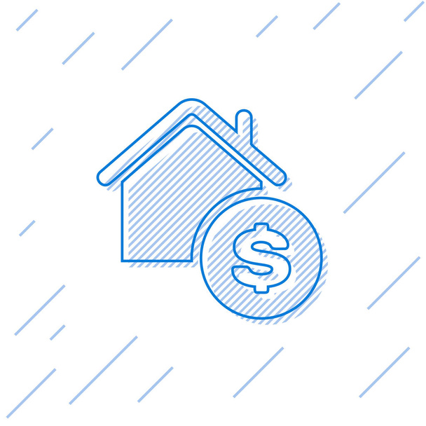 Μπλε γραμμή σπίτι με το σύμβολο του δολαρίου απομονώνεται σε λευκό φόντο. Σπίτι και λεφτά. Σχέδιο ακινήτων. Απεικόνιση διανυσματικών φορέων - Διάνυσμα, εικόνα
