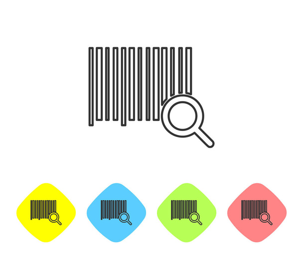 Grey line Search barcode icon on white background. Magnifying glass searching barcode. Barcode label sticker. Research barcode. Set icons in color rhombus buttons. Vector Illustration - Vektör, Görsel