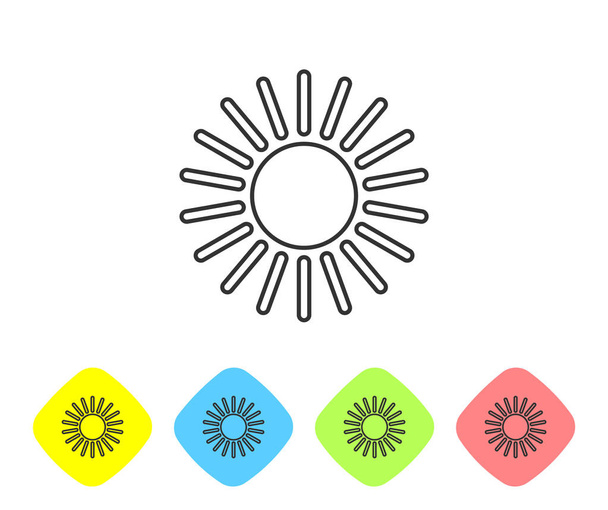 Το εικονίδιο του ήλιου στη γκρίζα γραμμή απομονώνεται σε λευκό φόντο. Ορίστε εικονίδια σε έγχρωμα κουμπιά ρόμβος. Απεικόνιση διανυσματικών φορέων - Διάνυσμα, εικόνα
