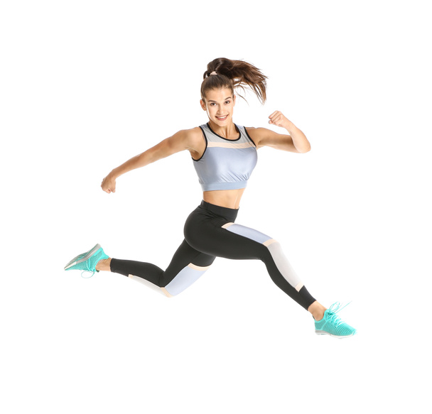 Running sporty woman on white background - Φωτογραφία, εικόνα