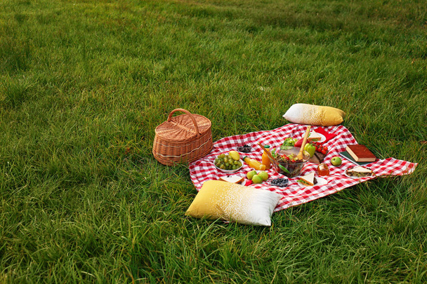 Picnic blanket with delicious snacks on grass in park - Fotoğraf, Görsel