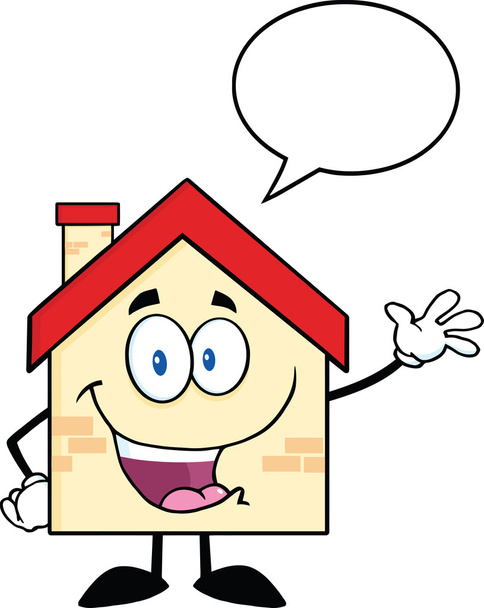 Happy House caractère de bande dessinée saluant avec bulle de discours
 - Photo, image