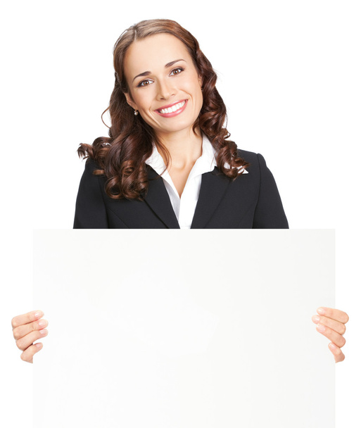 Businesswoman showing blank signboard, on white - Фото, изображение