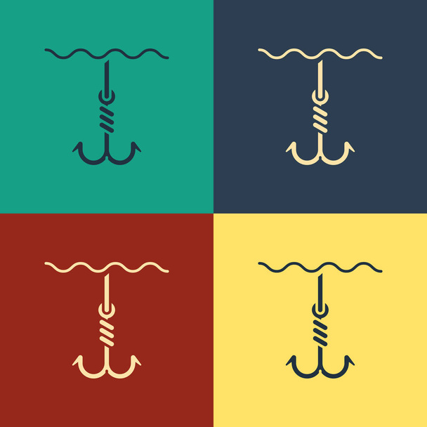 Kleur visserij haak onder water pictogram geïsoleerd op kleur achtergrond. Visgerei. Vintage stijl tekening. Vector illustratie - Vector, afbeelding