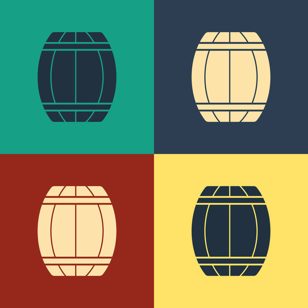 カラー木製のバレルアイコンは、色の背景に分離されています。アルコール樽、飲料容器、ビール、ウイスキー、ワインのための木製樽。ヴィンテージスタイルの図面。ベクトルイラストレーション - ベクター画像