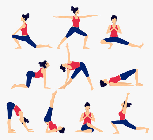 Varie pose yoga impostato. Illustrazione vettoriale femminile di yoga. Stile di vita sano. - Vettoriali, immagini