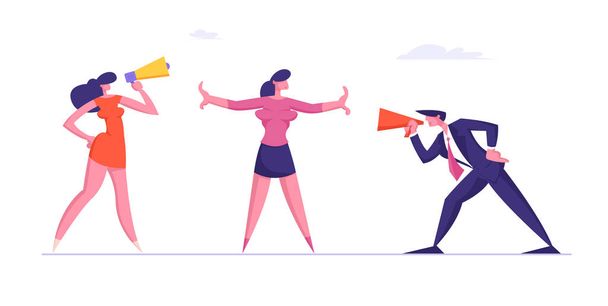 Confrontation in Business. Man and Woman Arguing and Yelling in Megaphone to Each Other. Colleague Trying to Stop Aggressive Coworkers Verbal Fight. Conflict People. Cartoon Flat Vector Illustration - Vector, Image