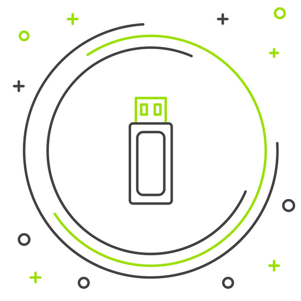 Icono de unidad flash USB de línea negra y verde aislado sobre fondo blanco. Concepto de esquema colorido. Ilustración vectorial
 - Vector, imagen