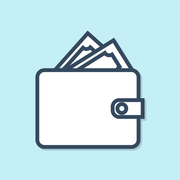 Modrá čára Peněženka s zásobníky papírové peníze hotovost ikona izolované na modrém pozadí. Ikona kabelky. Symbol peněžních úspor. Vektorová ilustrace - Vektor, obrázek