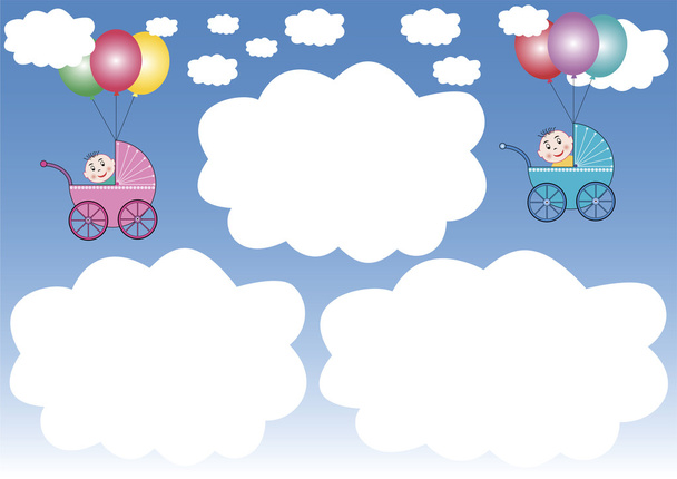 καροτσάκια μωρών σε μπαλόνι και άσπρα σύννεφα - Διάνυσμα, εικόνα