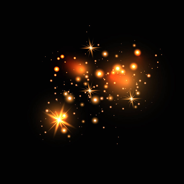 Set of gold glowing light effects isolated on dark background. Glow light effect. Star exploded sparkles. - Vetor, Imagem