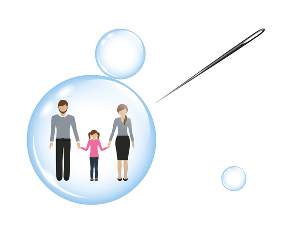family with a child in a soap bubble and a needle - Vector, Image