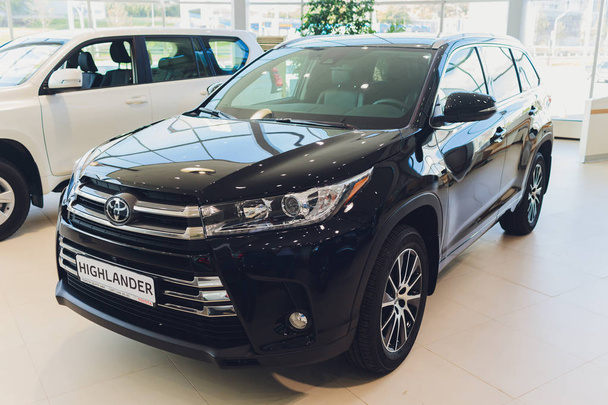 Ufa, Russia, 1 July, 2019: New cars in the Toyota showroom. Modern Highlander. Famous world brand. - Photo, image