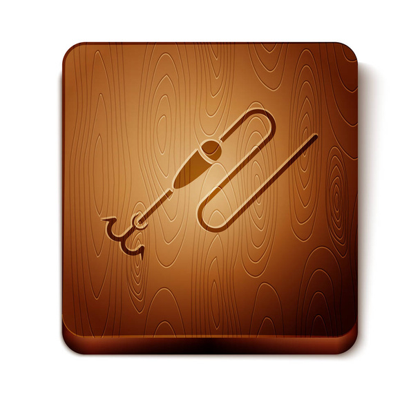 Brown Fishing line with hook and float icon isolated on white background. Fishing tackle. Wooden square button. Vector Illustration - Вектор, зображення