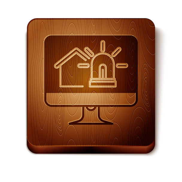 Monitor de ordenador marrón con casa inteligente e icono de alarma aislado sobre fondo blanco. Sistema de seguridad del hogar inteligente. Botón cuadrado de madera. Ilustración vectorial
 - Vector, imagen