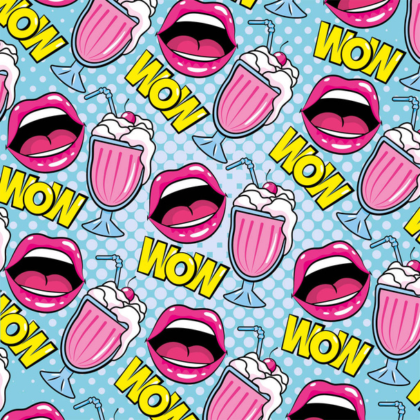 mouth with ice cream and wow message background - Vector, Image