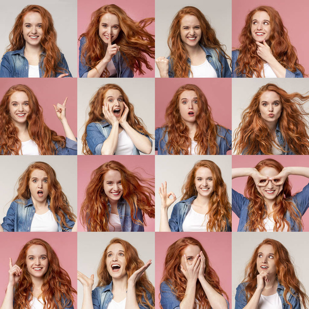 Κολάζ των νέων πορτρέτα κορίτσι κοκκινομάλλα με διαφορετικά συναισθήματα και χειρονομίες - Φωτογραφία, εικόνα