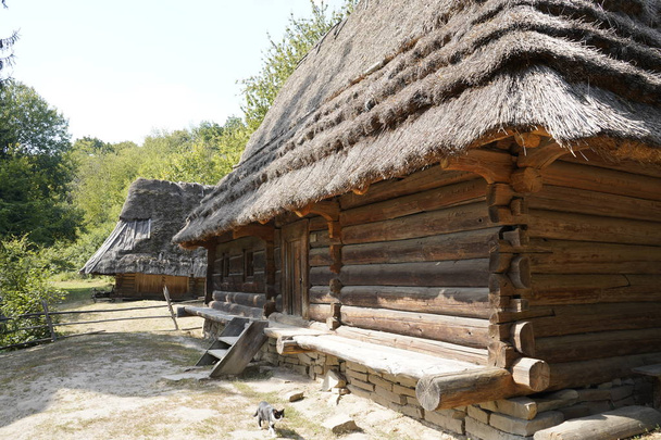 Oud houten huis met rieten dak. Rieten dak van het huis. - Foto, afbeelding
