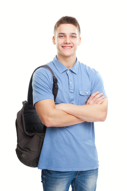 heureux étudiant souriant avec sac à dos isolé sur blanc
 - Photo, image