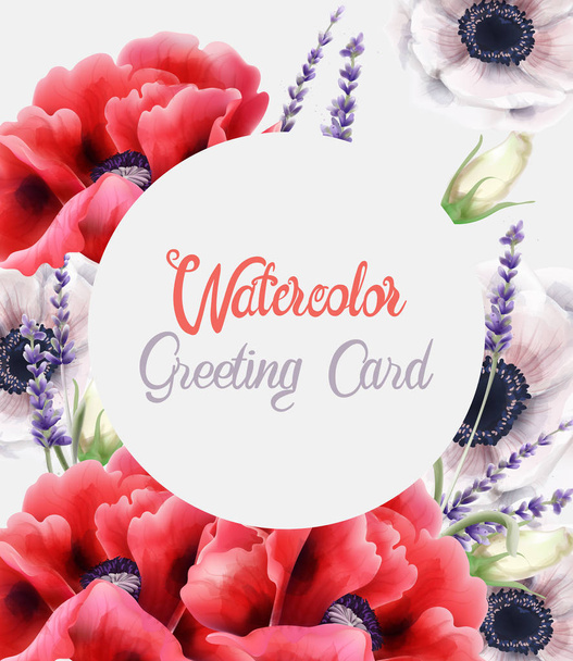 Kleurrijke aquarel pioenrozen bloemen wenskaart - Vector, afbeelding