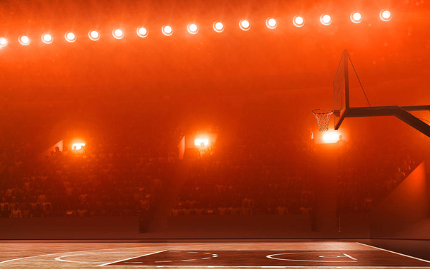 Arena de baloncesto profesional vacía con borde de baloncesto sobre fondo rojo iluminado
 - Foto, imagen