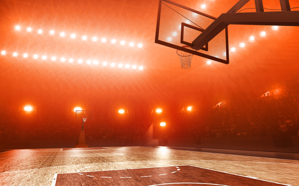 Cancha de baloncesto profesional vacía con aro de baloncesto sobre fondo rojo iluminado
 - Foto, Imagen