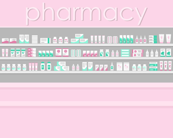 Farmácia rosa. Mostra com medicamentos. Interior. Ilustração vetorial
 - Vetor, Imagem