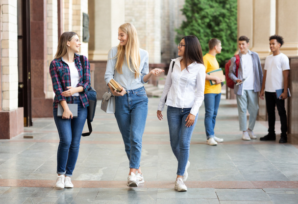 Πανεπιστημιακή ζωή. Τα κορίτσια περπατούν μετά από μαθήματα σε εξωτερικούς χώρους - Φωτογραφία, εικόνα