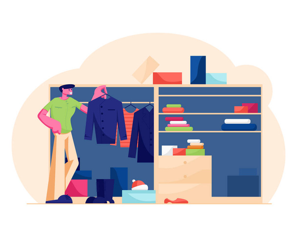 Young Handsome Man Stand at Home Wardrobe Looking at Hanging Clothes Deciding what Shirt to Choose for Wear at Work in Morning. Household Organize System for Clothing Cartoon Flat Vector Illustration - Vector, Image