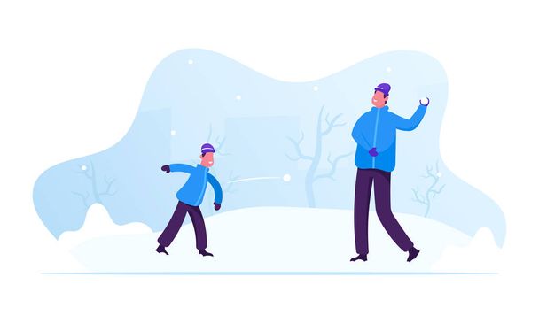 Zimní sezóna volný čas a aktivity. Šťastný rodinný otec a malý syn hrají sněhové koule na ulici. Lidé mají Veselé Vánoce a nový rok dovolené. Kreslený plochý vektor – ilustrace - Vektor, obrázek