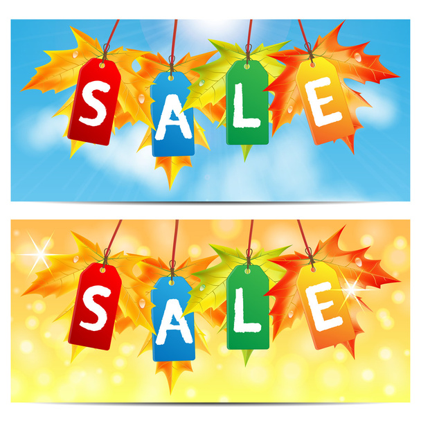 Word sale on party-colored labels decorated with autumn maple l - Vecteur, image