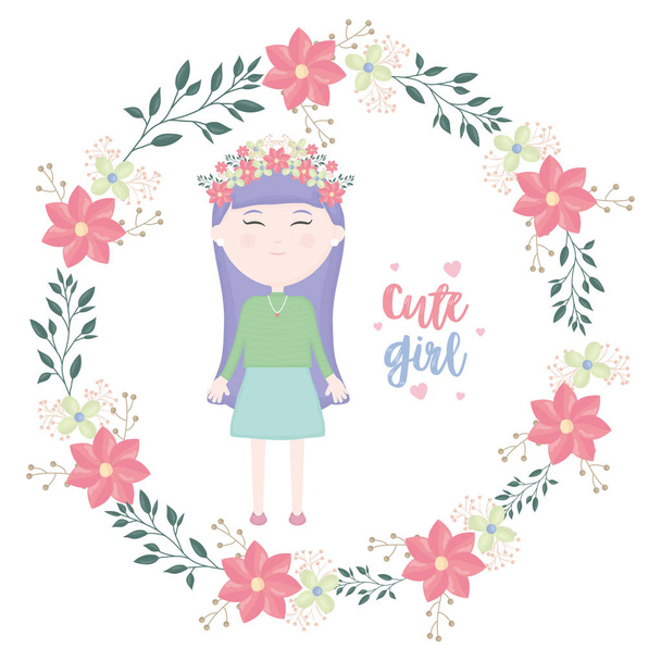 cute little girl with floral crown character - Vector, Imagen