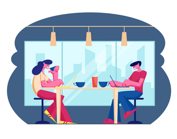 カフェやホスピタリティのコンセプトを訪れる若者たち。テーブルに座って飲み物を飲む男性と女性のキャラクター, 現代レストランのインテリア漫画フラットベクトルイラストでラップトップに取り組む - ベクター画像
