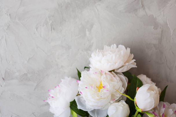 Stylish minimalist design with white peony on a gray background texture of cement. - Foto, afbeelding