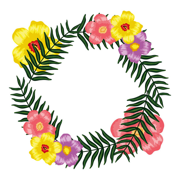 exotic and tropical flowers with leafs circular frame - Vecteur, image