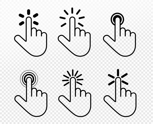 Conjunto de icono de clic de mano. Toque, haga clic en el símbolo de gesto de la mano para el diseño de su sitio web, imagen, arte, logotipo, aplicación, interfaz de usuario. Símbolo vectorial sobre fondo transparente
. - Vector, imagen