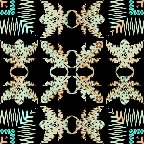 Tribal kirjonta värikäs vektori saumaton kuvio. Checkered raidallinen kuvioitu tausta. Tapestry toistaa grunge etnisen taustan. Kirjailtu ommel siksak raidat, rajat, kehykset, neliöt, muodot
. - Vektori, kuva
