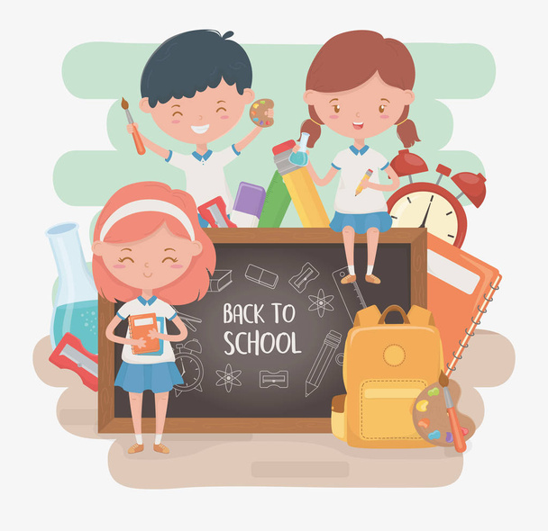 little students group with chalkboard and school supplies - Vector, Image