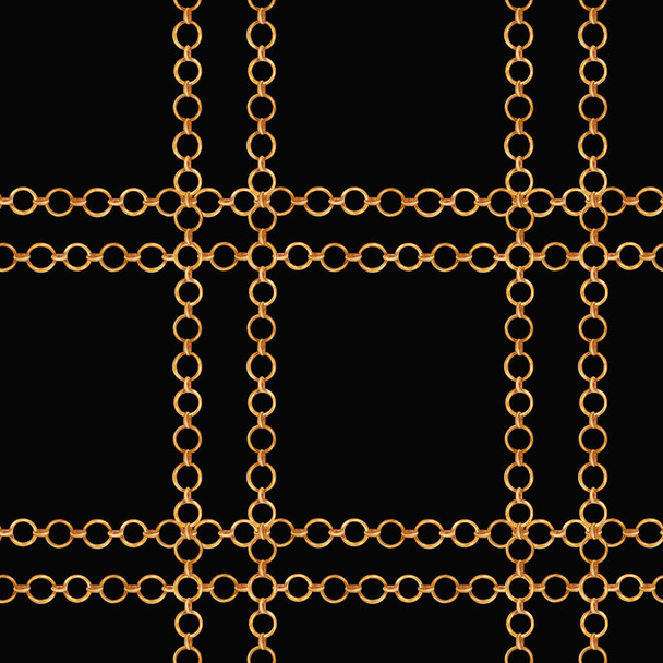 Seamless pattern of gold chains, for pendant and bracelete making, womens jewelry, golden chain watercolor drawing on a black background. Fabric texture into the cage. - Photo, Image