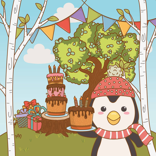 Penguin kreslený s šťastným designem ikon narozenin - Vektor, obrázek