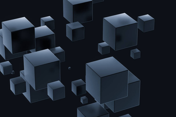 Cubos escuros distribuídos aleatoriamente no ar, renderização 3d
. - Foto, Imagem