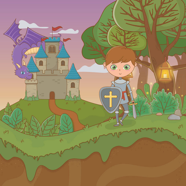 pohádková krajinná scéna s hradem a bojovníkem - Vektor, obrázek