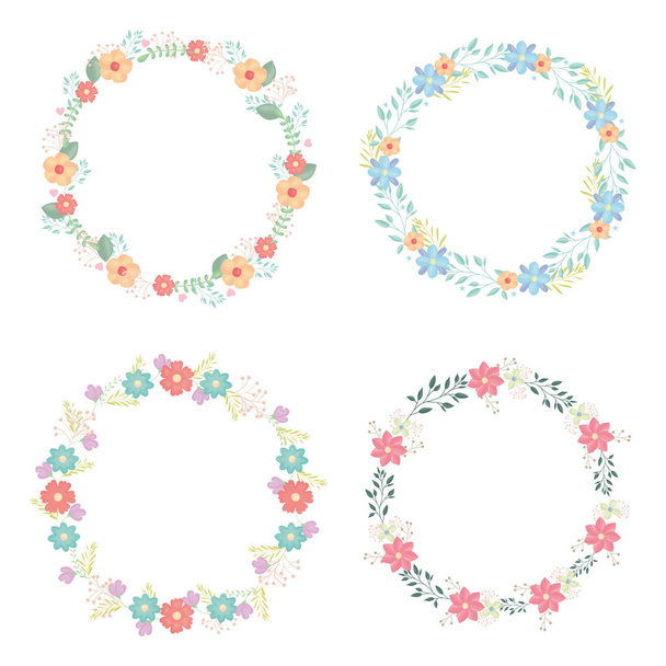 circular crowns with flowers and leafs decoration - Vector, afbeelding