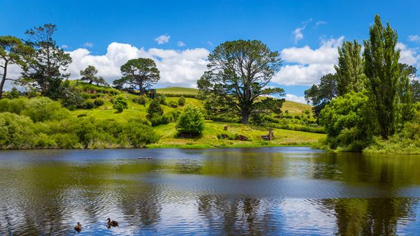 MATAMATA, NEW ZEALAND - DECEMBER, 2017: Beautiful green hills of Hobbiton on a sunny day - Foto, imagen
